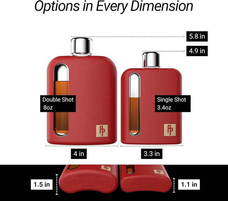 Ragproper Modern Glass Hip Flask for Men | Cork & Silicone Lid Liners | Firm Grip | Curved Edges | Durable Silicone Covered Flask for Whiskey | Liquor | Sprits | 100ml Single+ 240ml Double | Red - Image 3